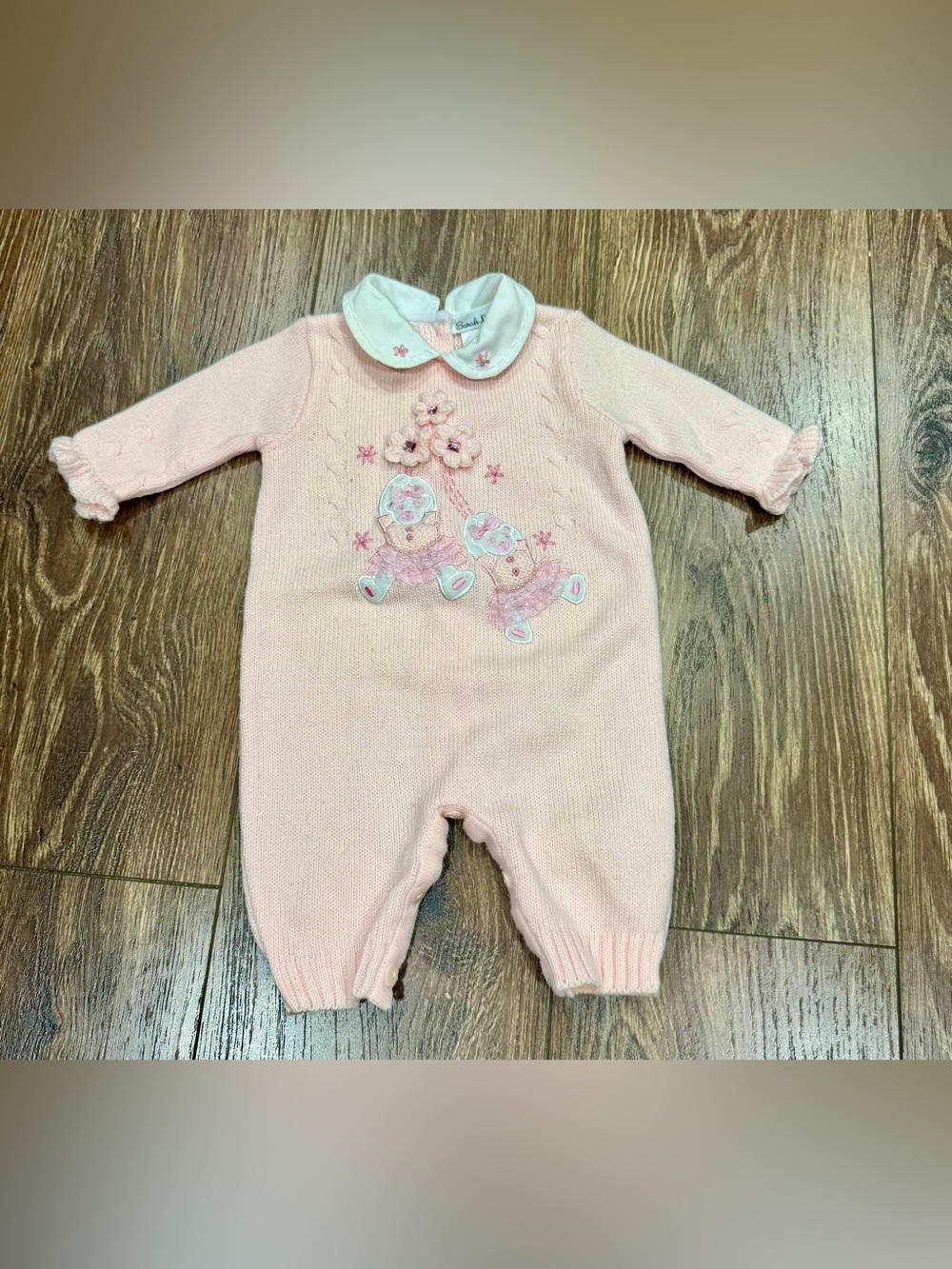 Sarah Louise Pale Pink Knit Baby Romper with Embroidered Bears Size Newborn